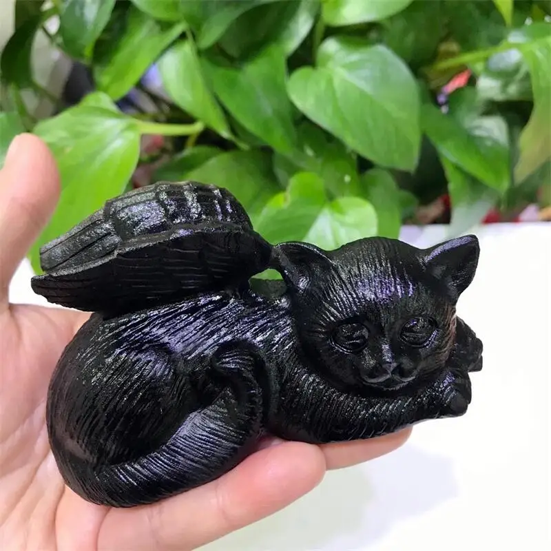 

10cm Cute Natural Stone Black Obsidian Handmade Carved Cat With Wings Animal Powerful Statue For Home Decoration Gift