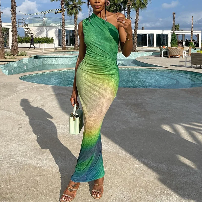 

Sexy Slim Fit Gradient Wrap Hip Dress Women Fashion Off Shoulder Sleeveless Party Club Street Vestidos Female Beachwear Robes