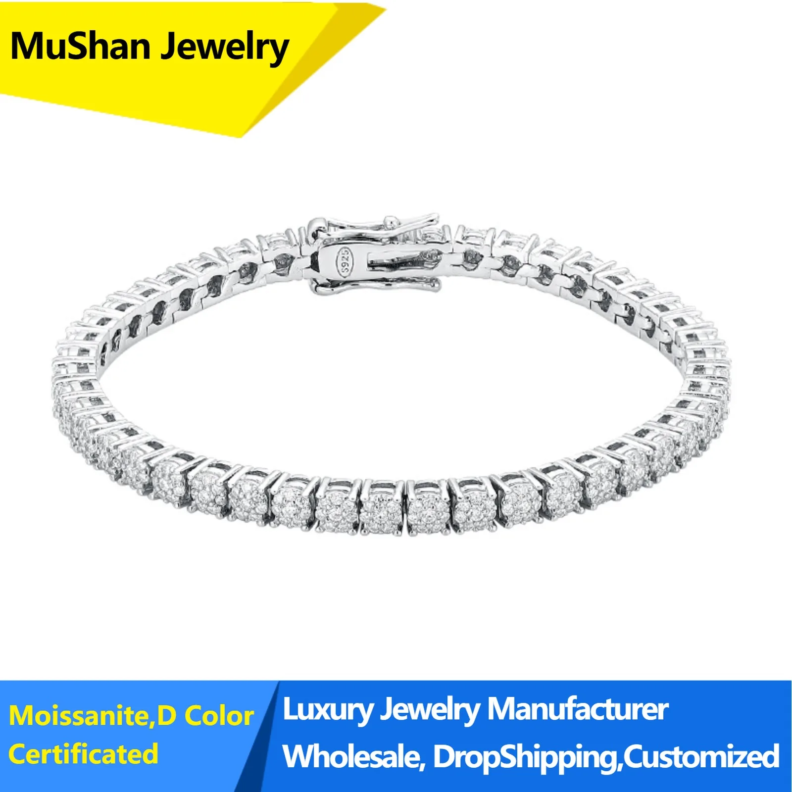 MuShan Jewelry 925 Sterling Silver Chain Bracelet Bangles D Color Moissanite Diamond Cuff Bracelets Bangles for Women Men Unisex