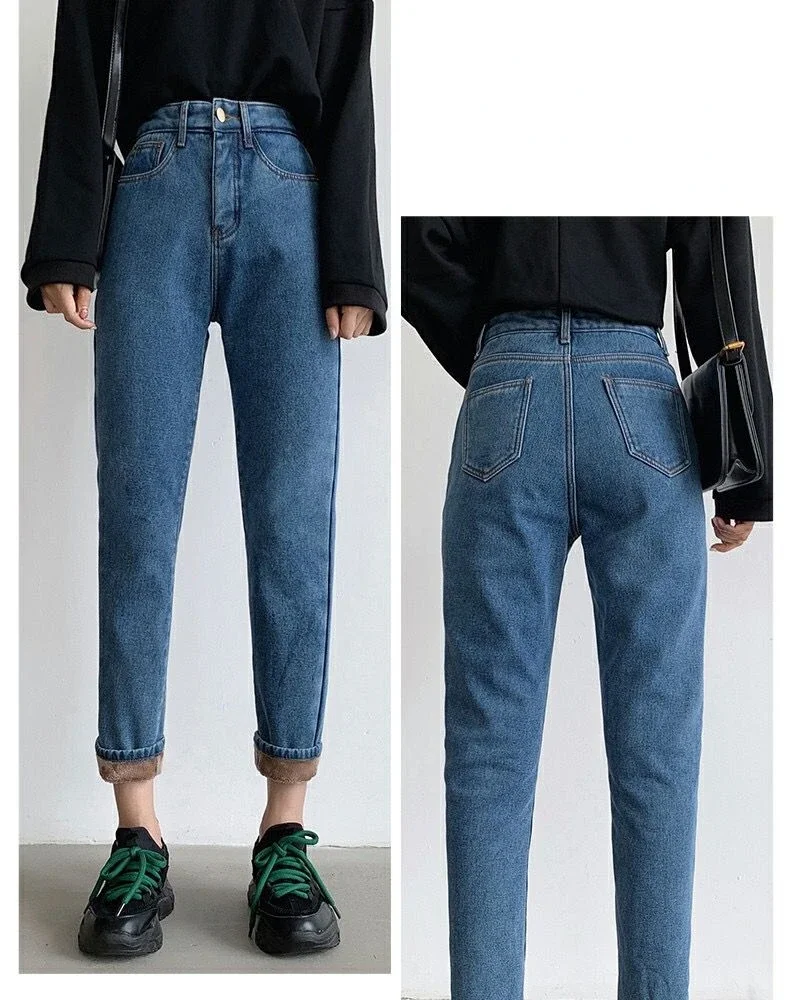 Velvet Thickened New Jeans Female Straight Pants Loose 2023 Winter Korean High-waisted Outside Wearing Warm Harun Pants M439