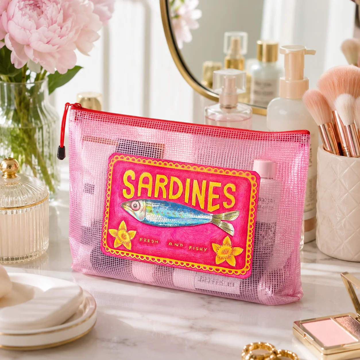 Retro Sardine Print Mesh Zipper Pouch, Waterproof Travel Cosmetic Bag for Women, Beach Toiletry & Cable Organizer