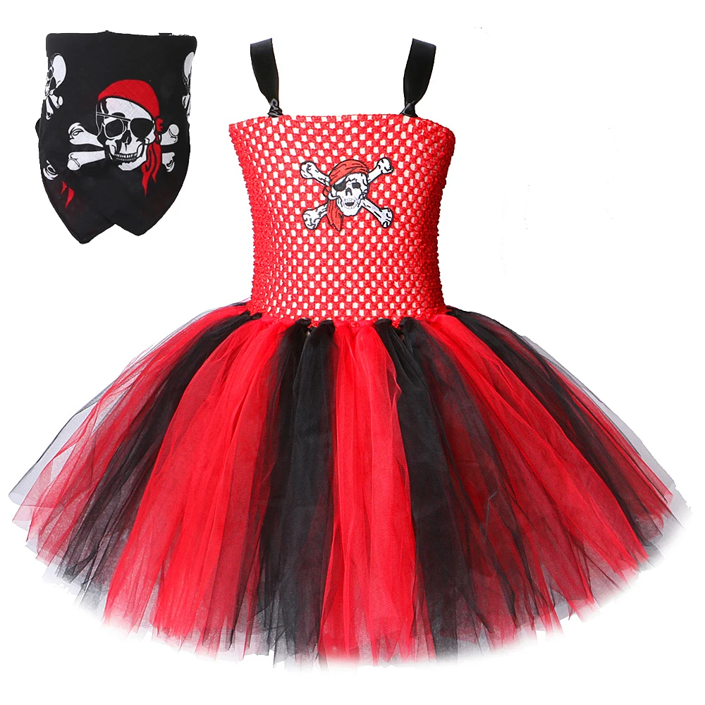 Red Black Pirate Costumes for Girls Halloween Fancy Tutu Dress Outfit for Kids New Years Carnival Clothes with Skull Headscarf