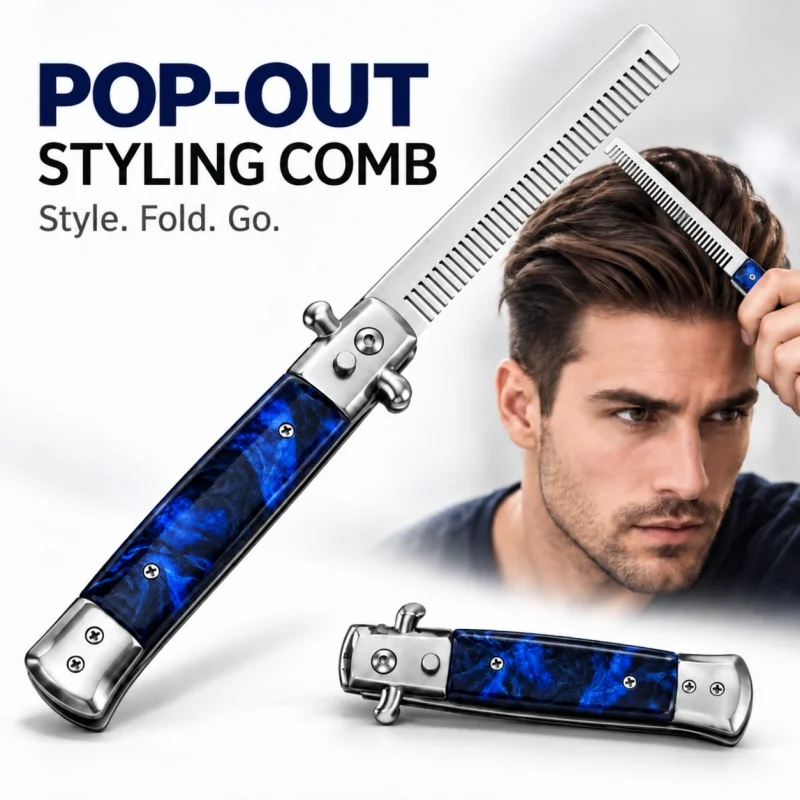 Stainless Steel Hair Comb for Men Push Button Spring Opening Vintage Folding Design Portable Pocket Grooming Tool for Daily Use