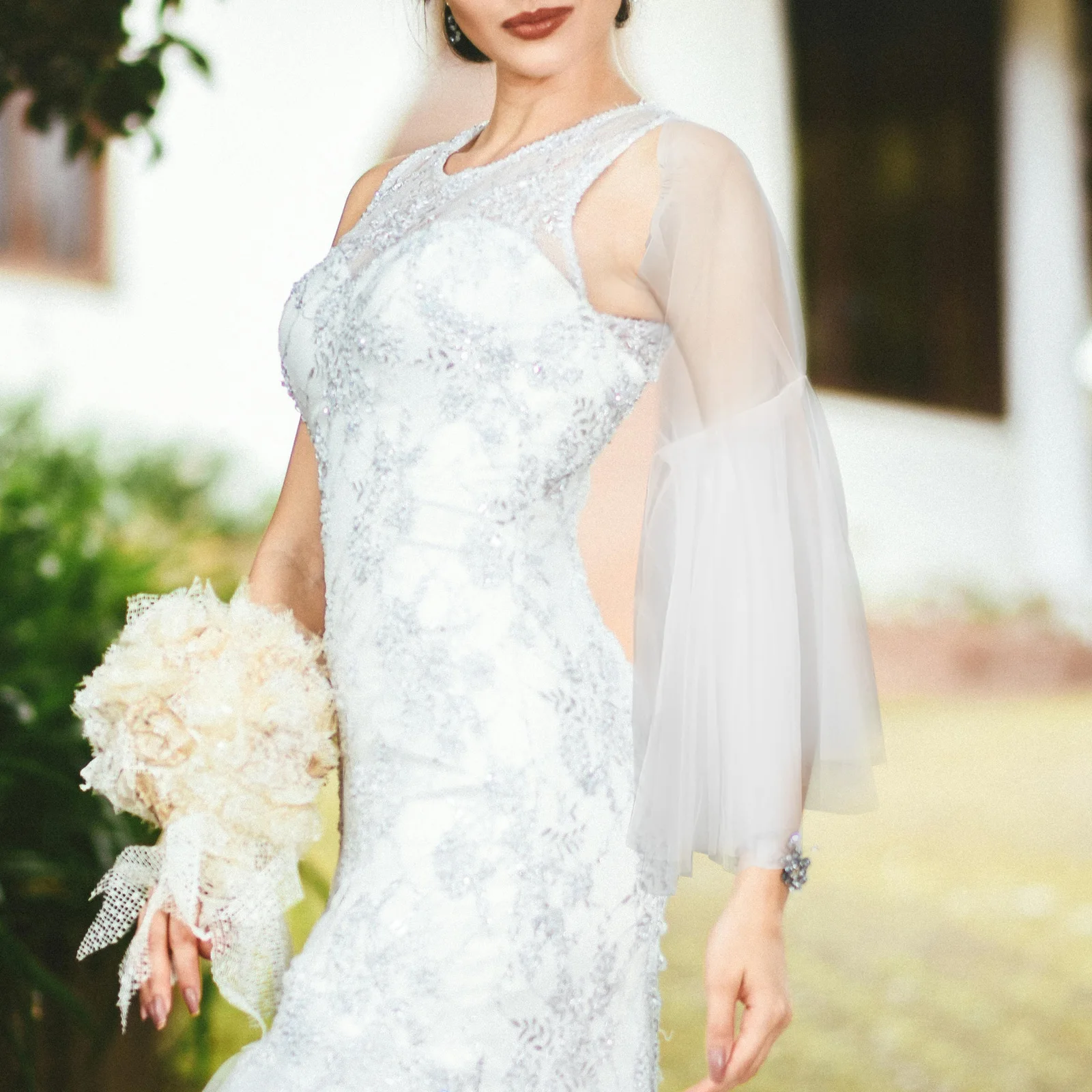 

Detachable Wedding Dress Sleeve Accessories Pure White Mesh Flap Sleeves For Party Photography Elegant Tulle Decorative Skirt