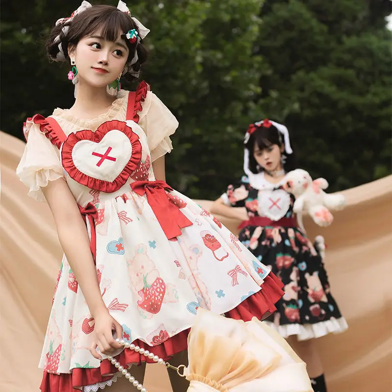 SOIOMES diseño Original dulce fresa oso impreso Lolita muñeca cuello borde con volantes JSK vestido de tirantes verano