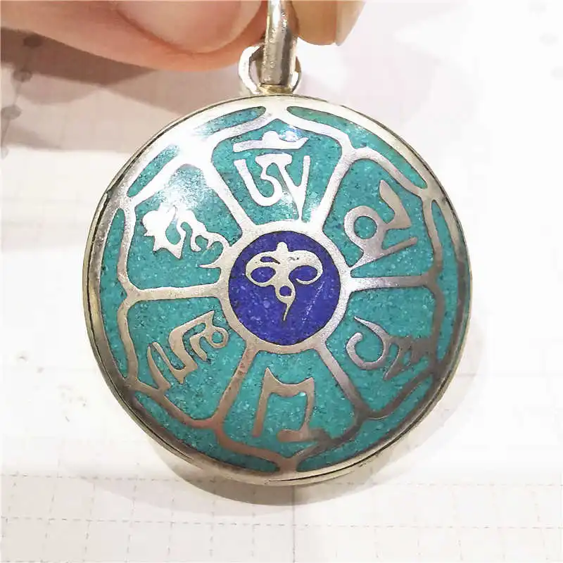 Tibetan Jewelry Pendants Mantra Amulets Copper Inlaid Stone Wisdom Eye Round Pendant TBP406