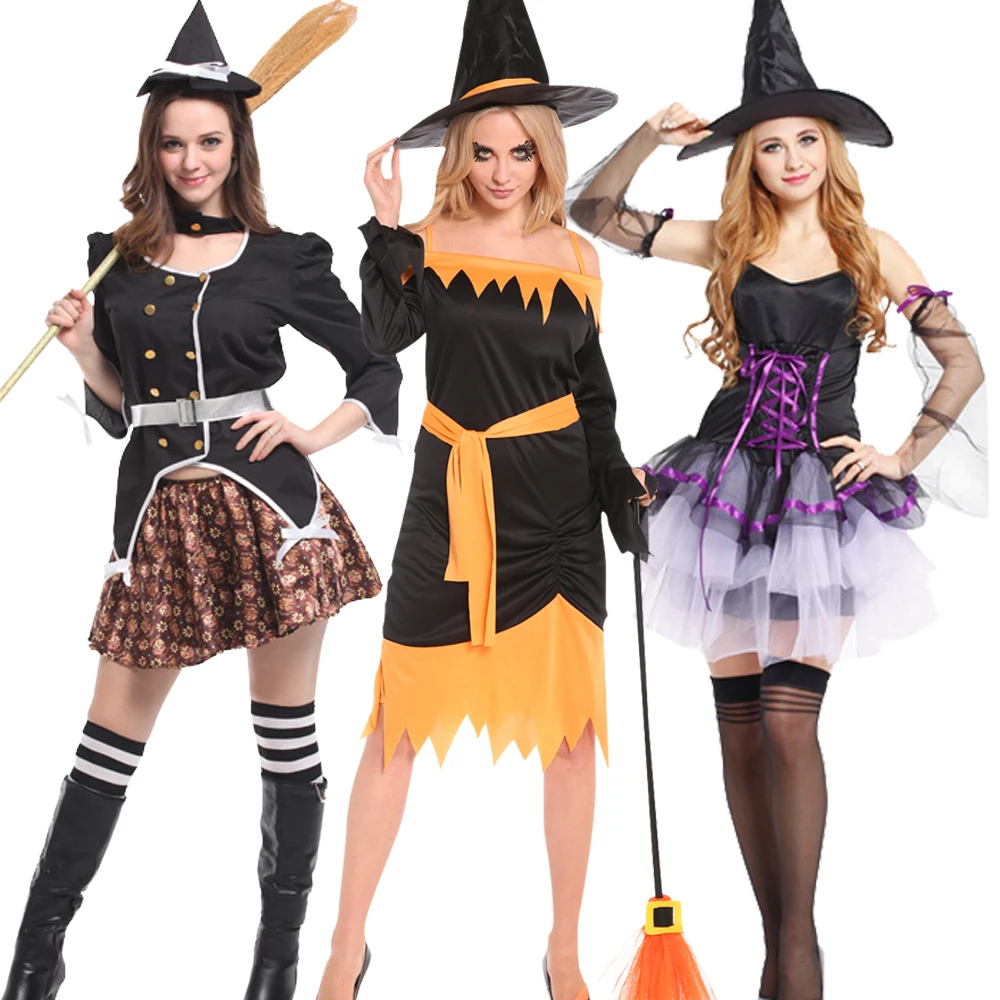 Halloween Witch Costumes with Hat Broom for Women Adult Fantasy Vampire Witch Dress Up Carnival Party Dress