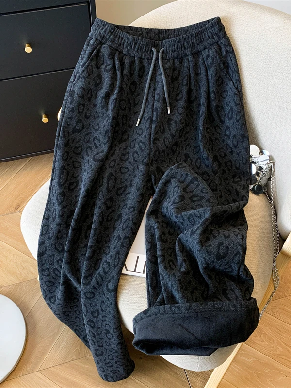 

High Waist Wide Leg Fce Lined Lazy Casual Pants Loose Straight Leg Trousers for plus Size Women Leopard Print Comfortable