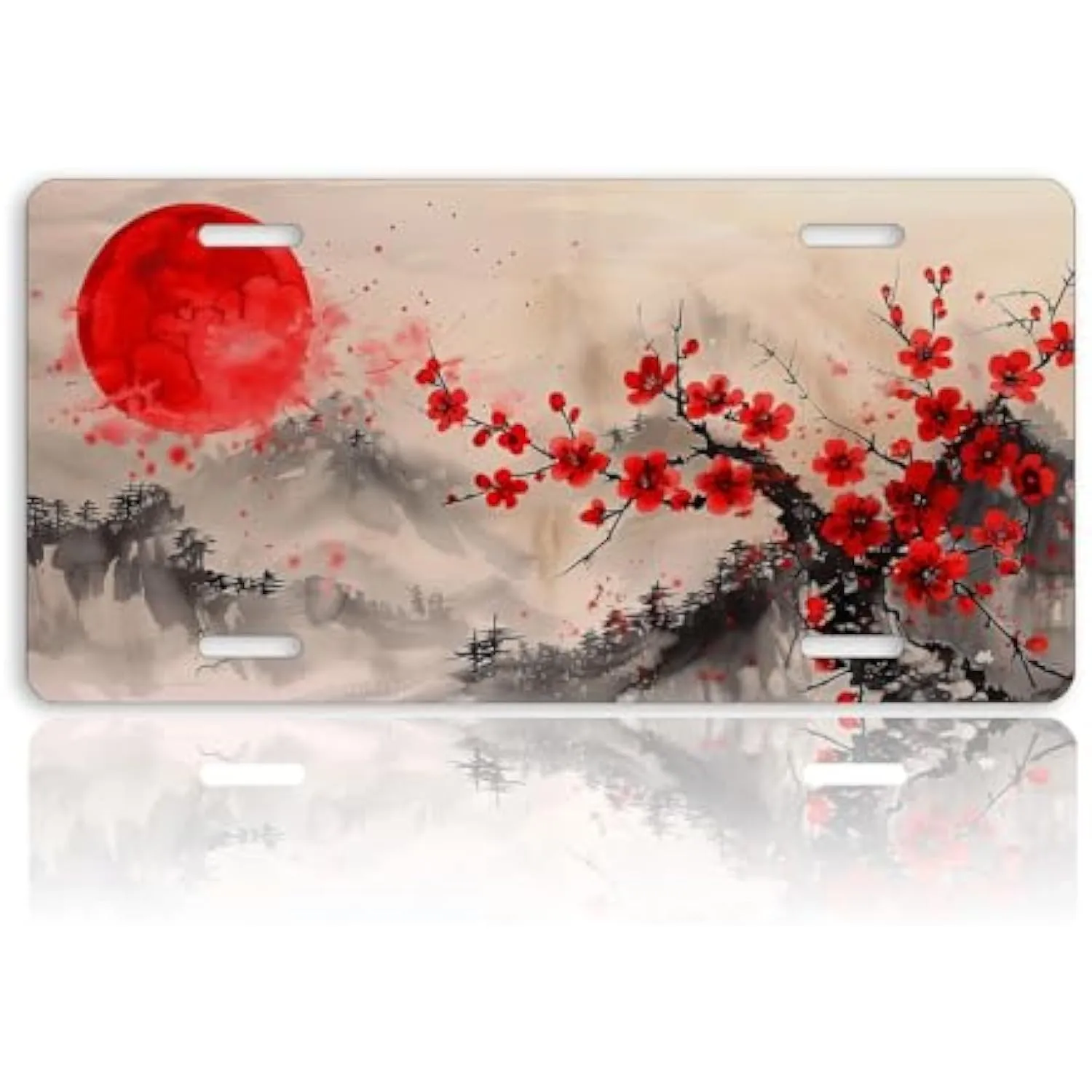 

Red Sun Cherry Blossom License Plate Aluminum Decorative Cover for Car 6x12 Inch Novelty Plate