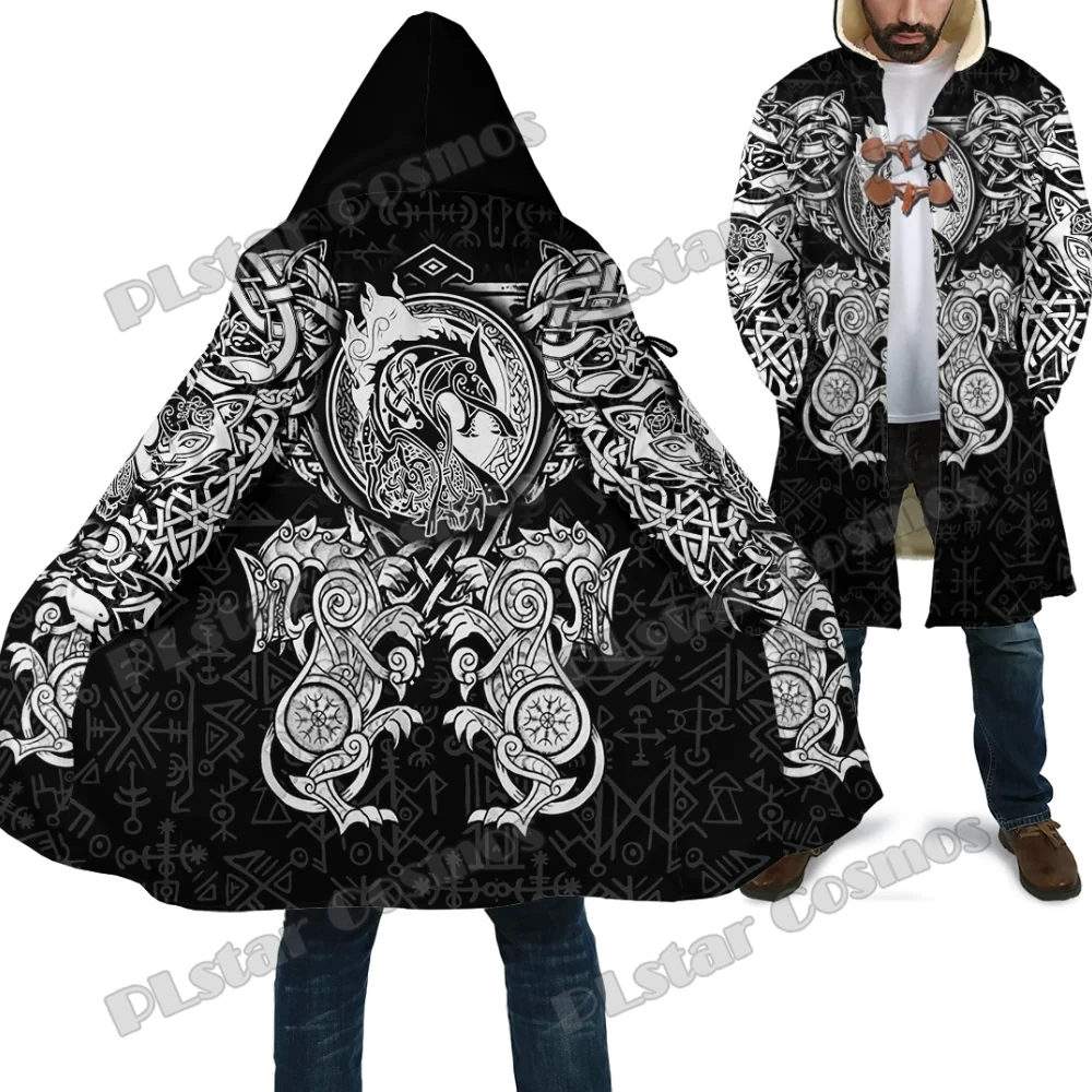 

PLstar Cosmos Dragon and Wolf Tattoo 3D Printed Men's Fleece Hooded Cloak Winter Unisex Casual Thick Warm Cloak Coats PF137