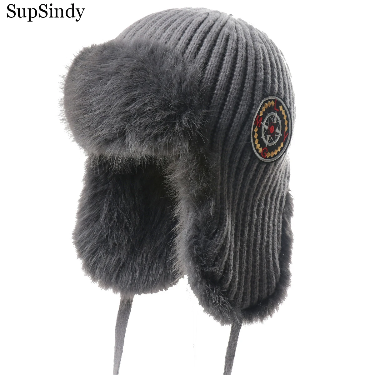 SupSindy Men Winter Bomber Hat Outdoor Motorcycle Windproof Thicken Warm Faux Fur Pilot Earflap Hat Woolen Yarn Knit Thermal Cap