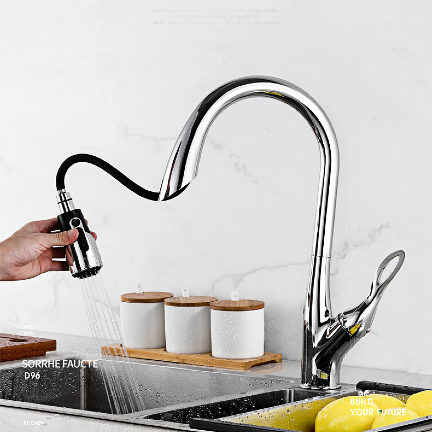 Simple luxury gold brass intelligent touch switch kitchen faucet pull-out single handle hot and cold water 3-function sink Tap