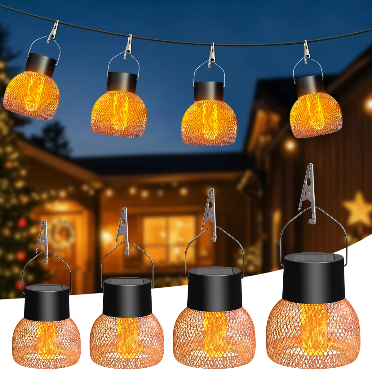 

Hanging Solar Lights Outdoor Solar Lanterns for Outside Waterproof with Flame Effect for Courtyard Garden Path Camp Decoration