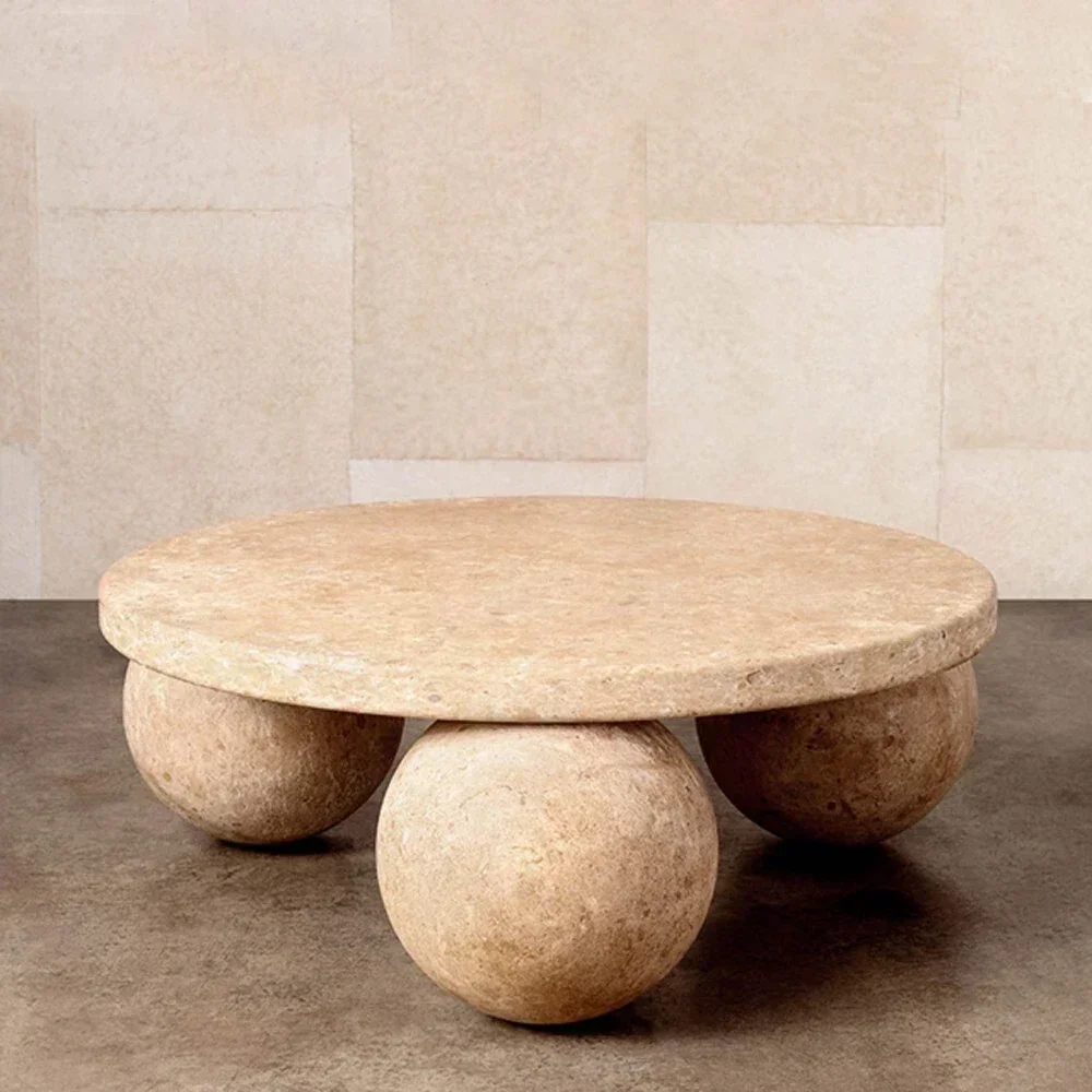 Nordic Natura Round Travertine Coffee Table with 3-Sphere Base ball coffee table