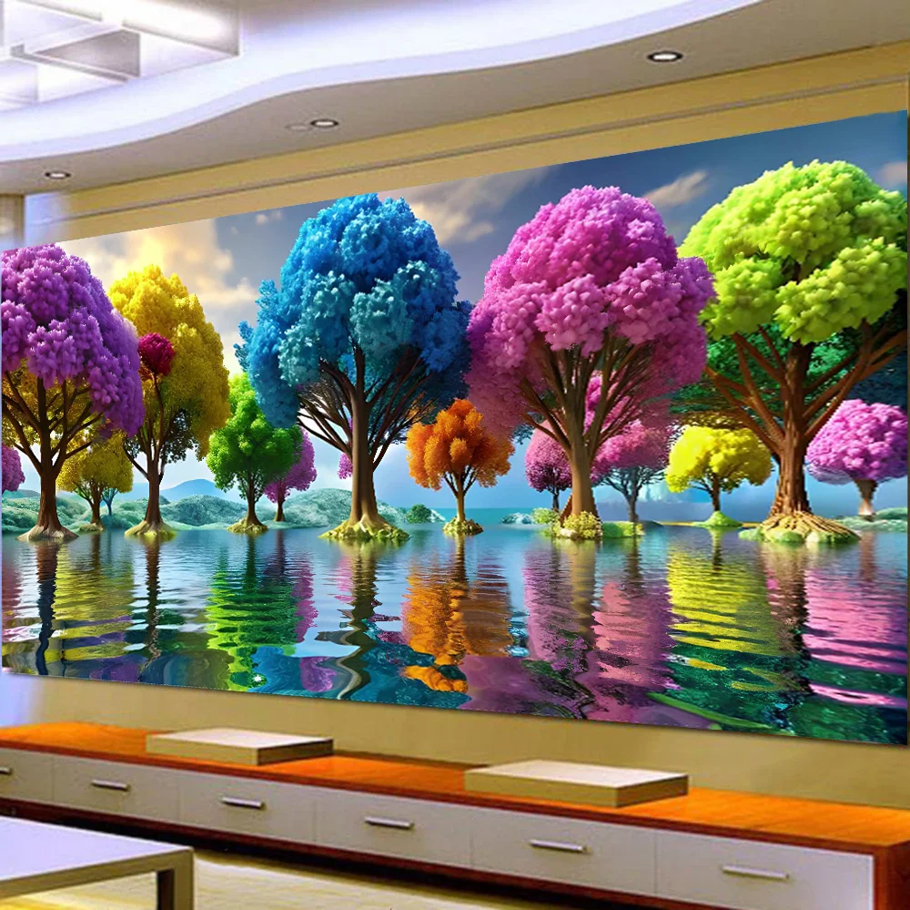 5D DIY Large Diamond Painting Cross Colorful trees Reflection Lake Landscape Wall Art, Full Round Drill, Embroidery Home Decor