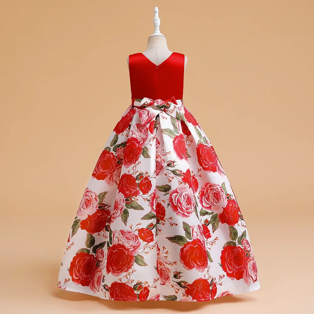 Girls Party Dresses 8Y-12Y Kid Satin Dress Wedding Birthday Show Floor-length Print Ball Gown Children