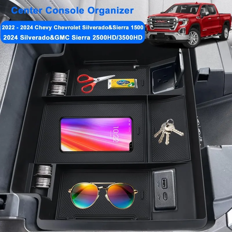 Center Console Organizer Compatible with 2022 2023 2024 Chevy Silverado & Sierra 1500/2024 2025 Silverado&GMC Sierra 2500HD/350