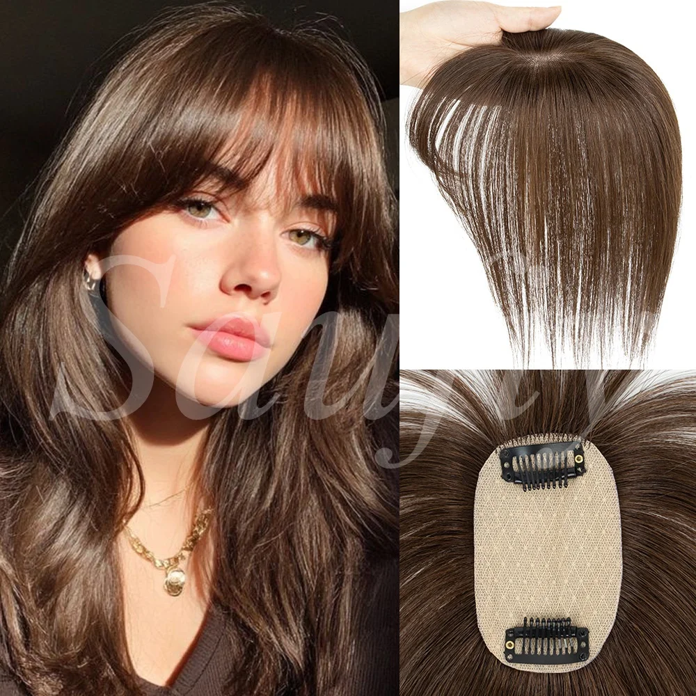 Women Short Natural Blonde Human Hair Toppers With Bangs Real Human Hair Pieces 5x9cm Seamless Invisible Clip in Human Hair Toppers for Thinning Hair to Add Volume Natural Black Brown Blonde Straight Hair Topper Human Hairpieces to Add Volume