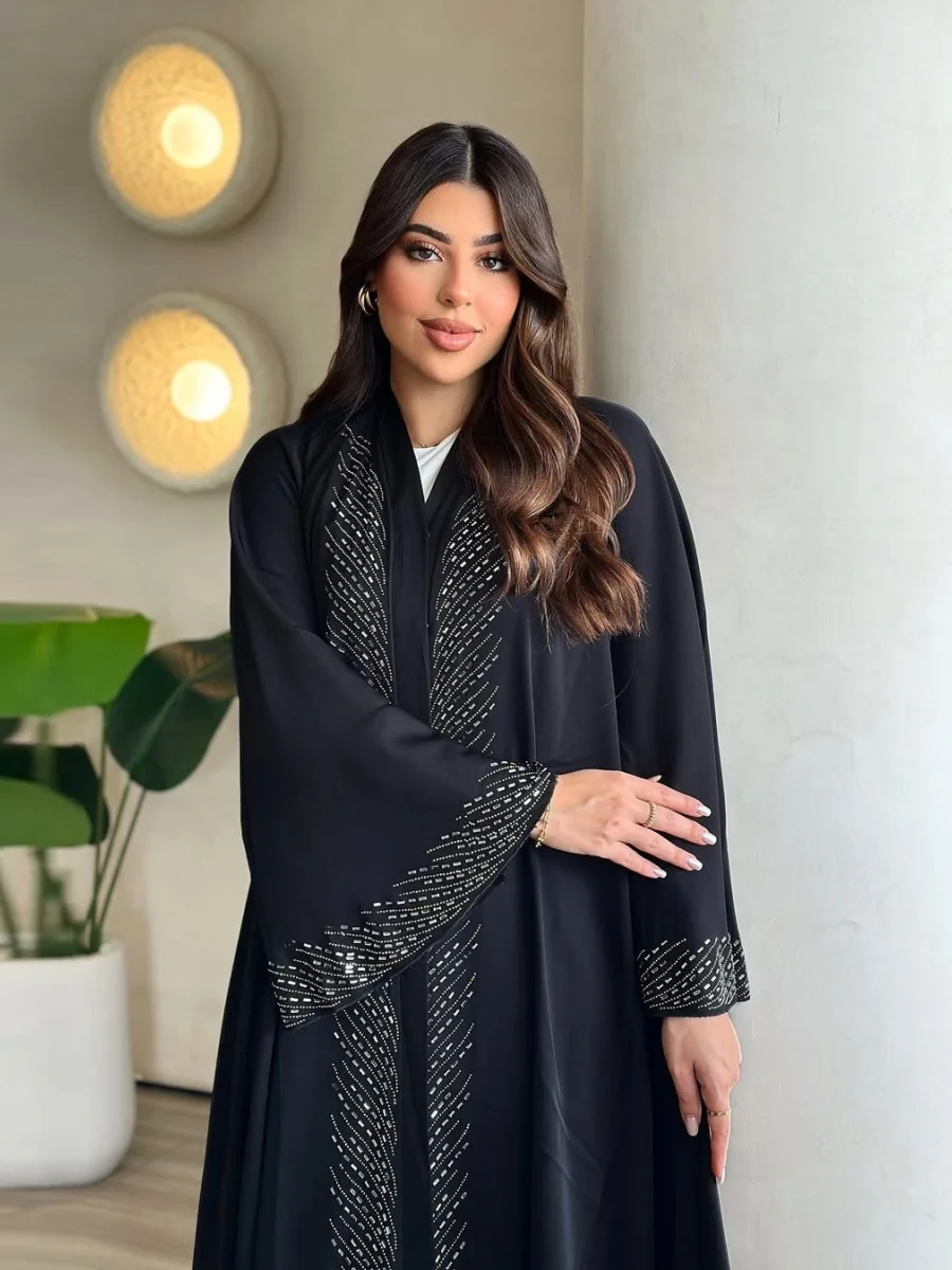 Muslim Women Dubai Abaya Luxury Hotfix Rhinestone Beading Kimono Cardigan Long Dress Modest Kaftan Robe Femme Islamic Clothing