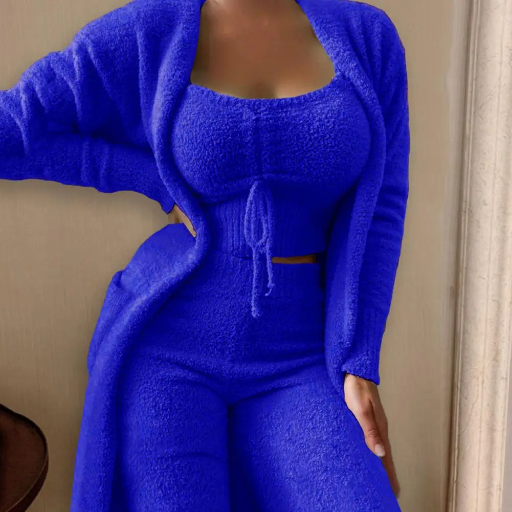 3 Pcs/Set Women Pajamas Set Solid Color Plush Crop Tops Trousers Set Thermal Short Tops Low-cut Loungewear For Home Wear