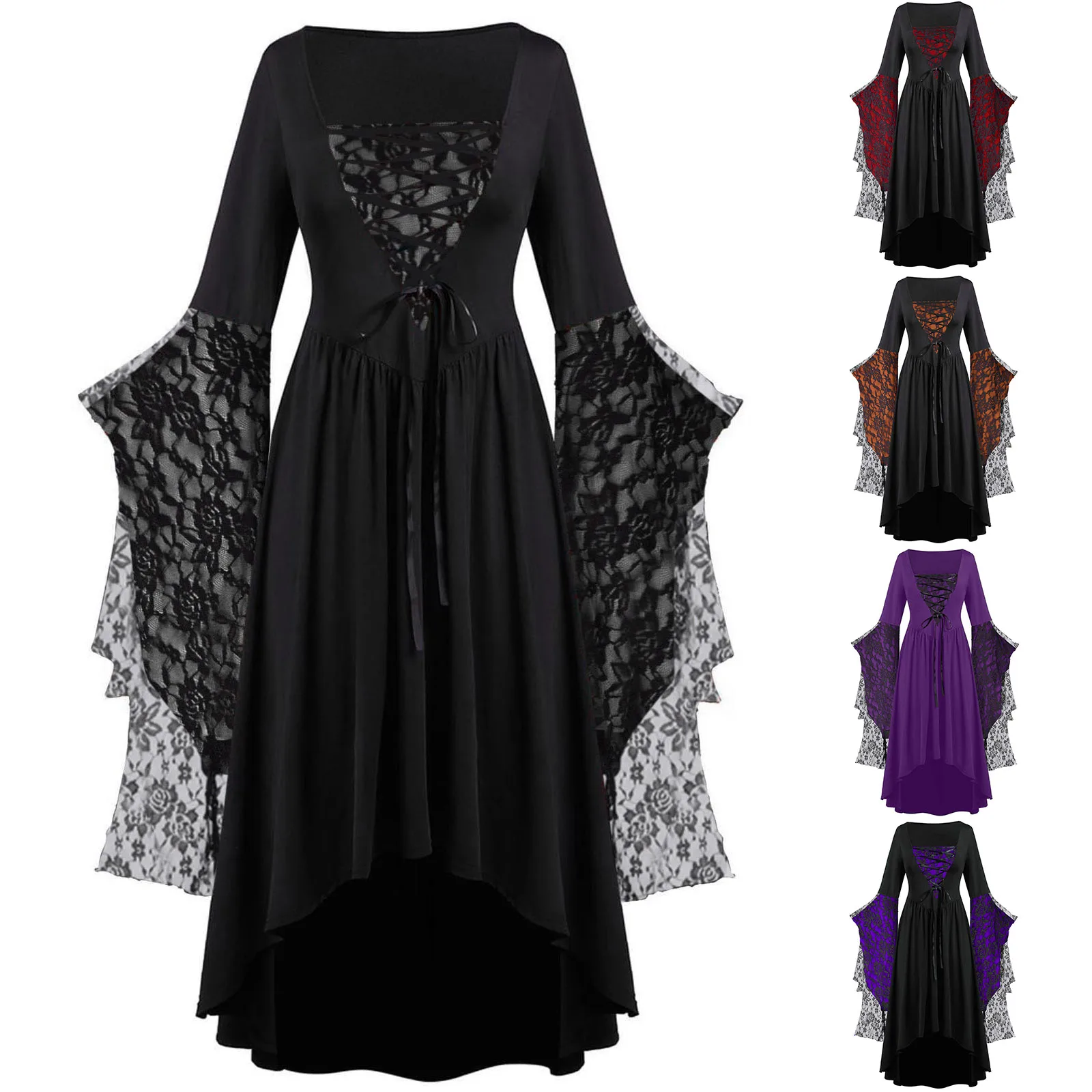 Plus Size Vintage Witch Vampire Dress Dresses Up Carnival Party Gothic Halloween abiti donna manica a tromba Costume medievale