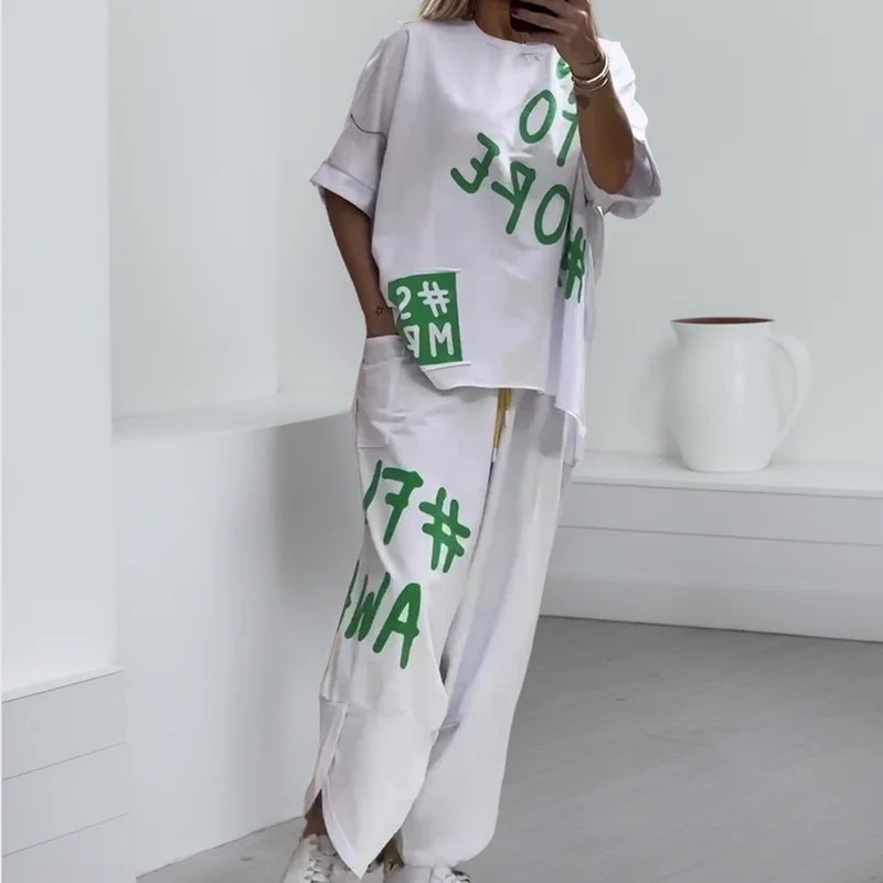 Casual Summer Outfit Set Women Sexy Round Neck T-shirt And Long Pants Two Piece Set Fashion Letter Printing Casual Sports Suit