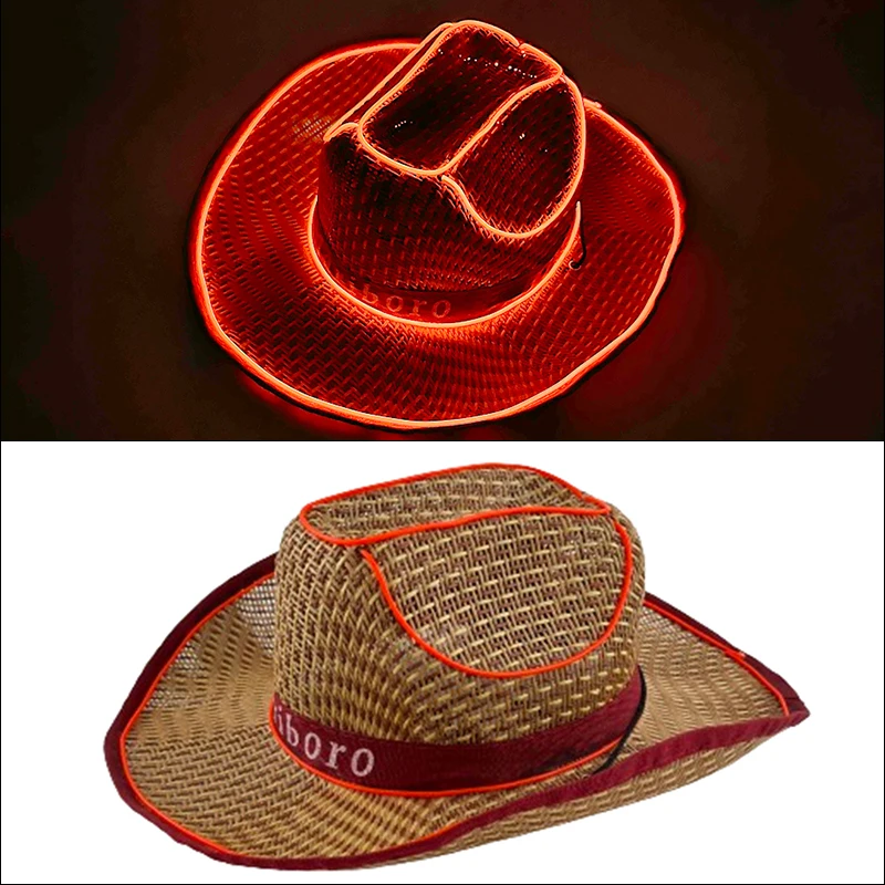 Wireless LED Western Cowboy Hat Luminous Summer Straw Hat Beach Sun Visor Cap Seaside Holiday Costume Hat for Men Women