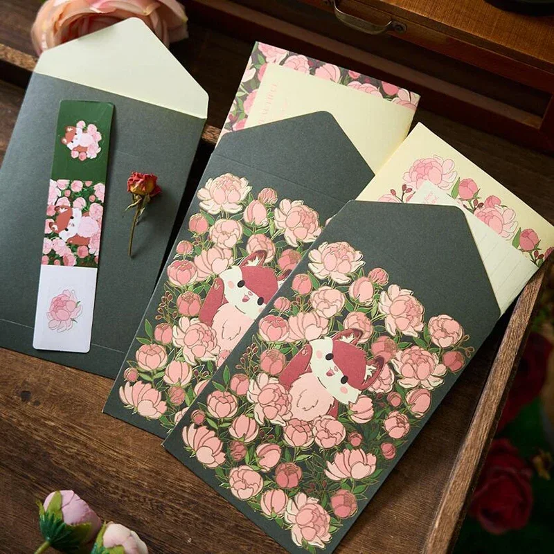 12pcs Bronzing Floral Envelopes Set Letter Pads Set Wedding Party Invitation Cards Cover Cute Sealing Stickers Korean Stationery