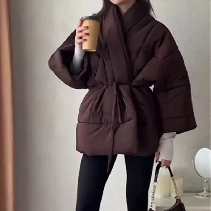 Solid Color Belted Cotton Coat for Women Autumn Stand Collar Wrap Front Loose Jacket Retro Thick Warm Long Sleeved Outerwear