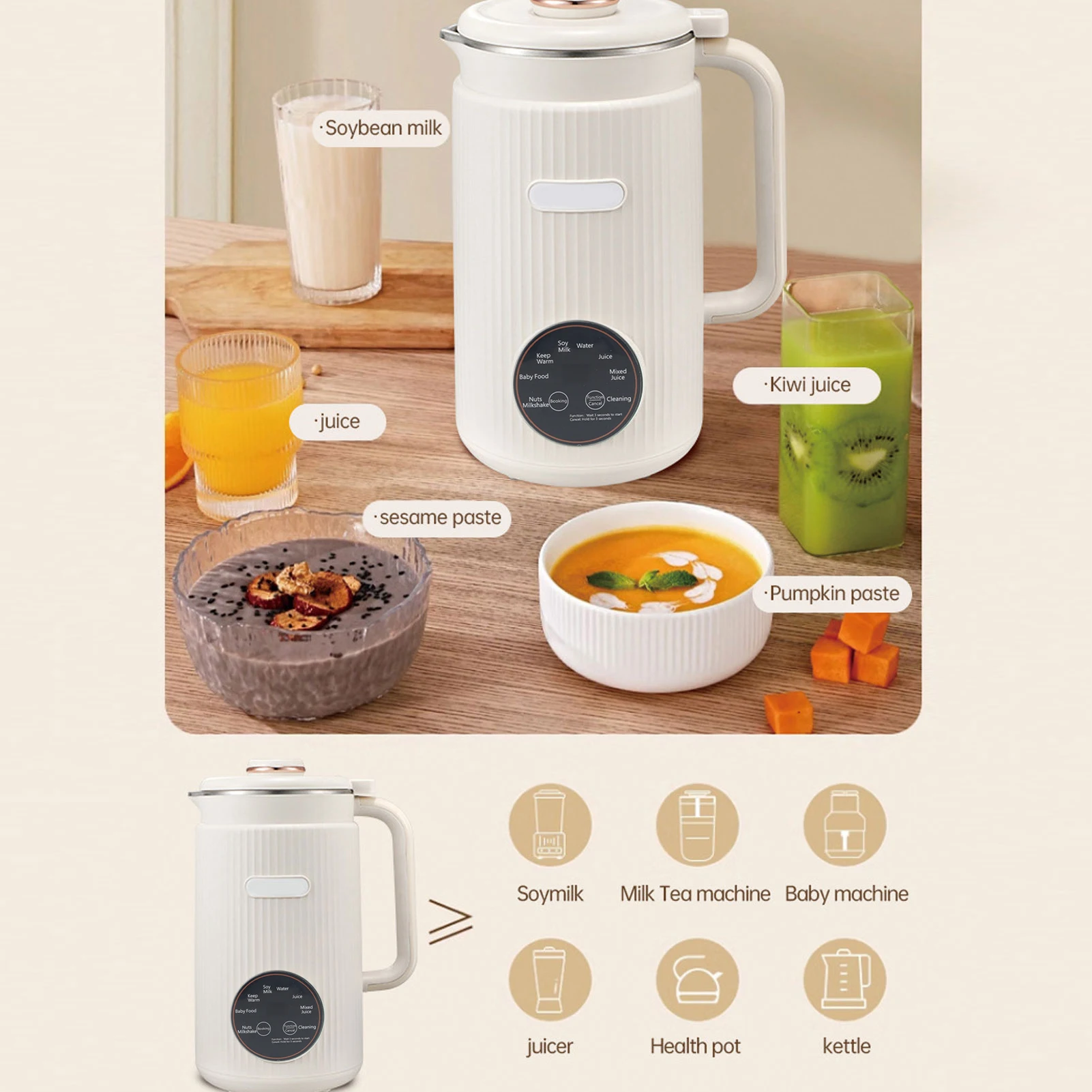 1.2L 8-in-1 Programmable Blender with Digital Display 12 Stainless Steel Blades Auto Cleaning 8H Keep Warm Function for Almond