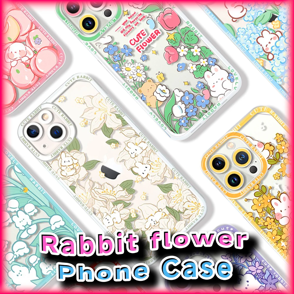 Kawaii Rabbit Flower Collection Transparently Phone Case for IPhone 8  XSR 11 12 13 14 15 Pro Max Plus Creative Protective Cover