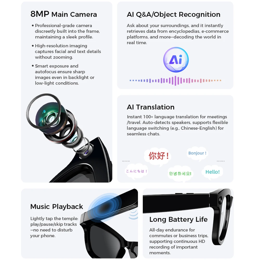 2025 New 8MP HD Camera Smart Glasses AI Translation DVR Camcorder Outdoor Sports Polarized Sunglasses Video Conference Record