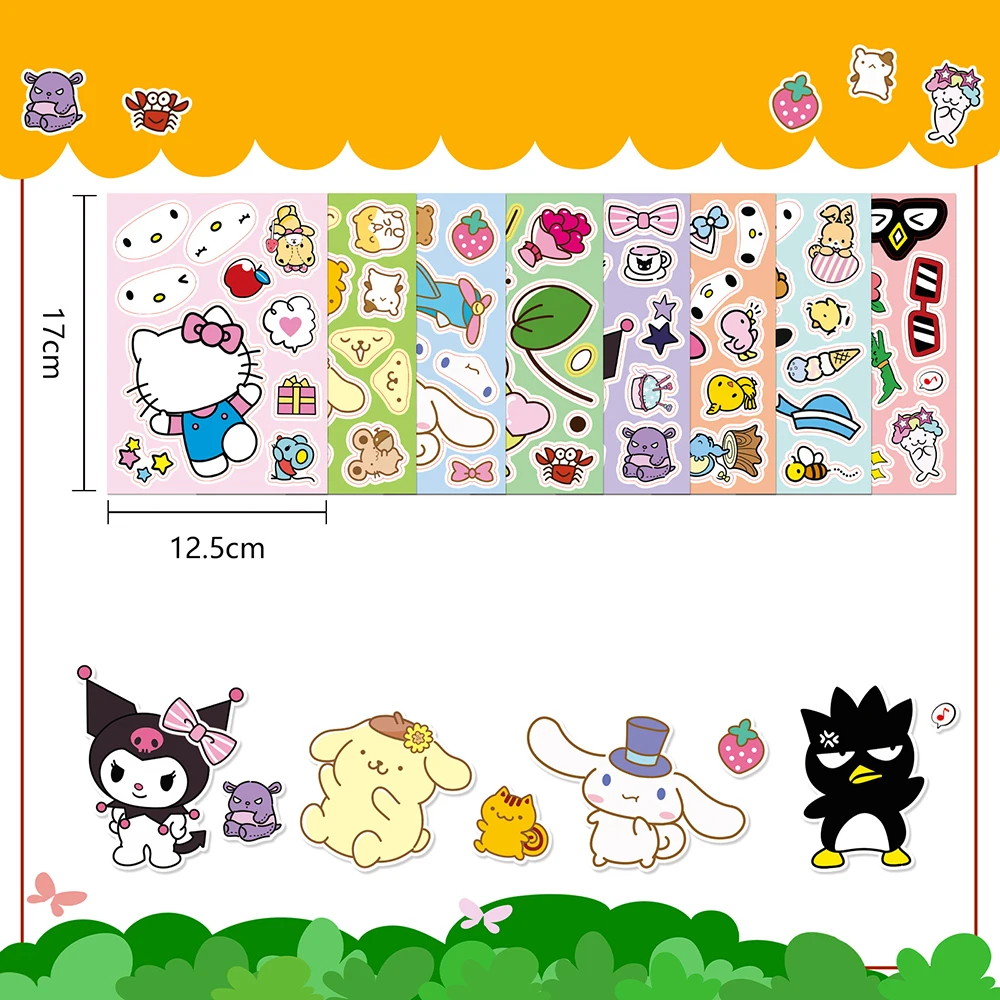 8/16Sheets Kids Make a Face Sanrio Puzzle Sticker Kawaii Anime Funny Children Assembly Jigsaw DIY Games Children Educational Toy