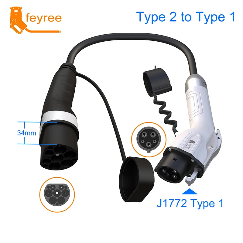 Feyree Car EVSE Charger Plug Type2 to Type1 J1772 16A 3.5kW 32A 7kW Cord Charging Cable Adapter for EV Charging Station Electric