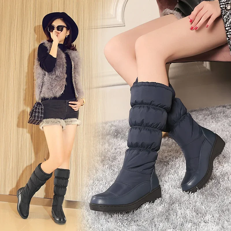 2024 Winter Sweet Women Snow Boots Warm Down Fur Blue White Outdoor Party Lady Thick Wedge Platform Elastic Plush Mid-calf Boots