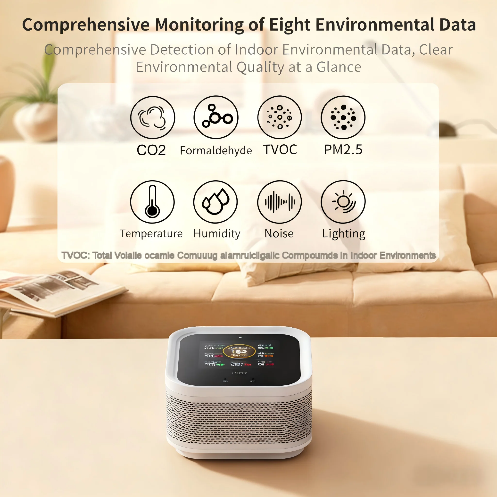 2026new 8-in-1 Smart Air Quality Monitor Detects Light Temperature Humidity PM2.5 Formaldehyde CO2 Noise TVOCfor Home/Office/Ind
