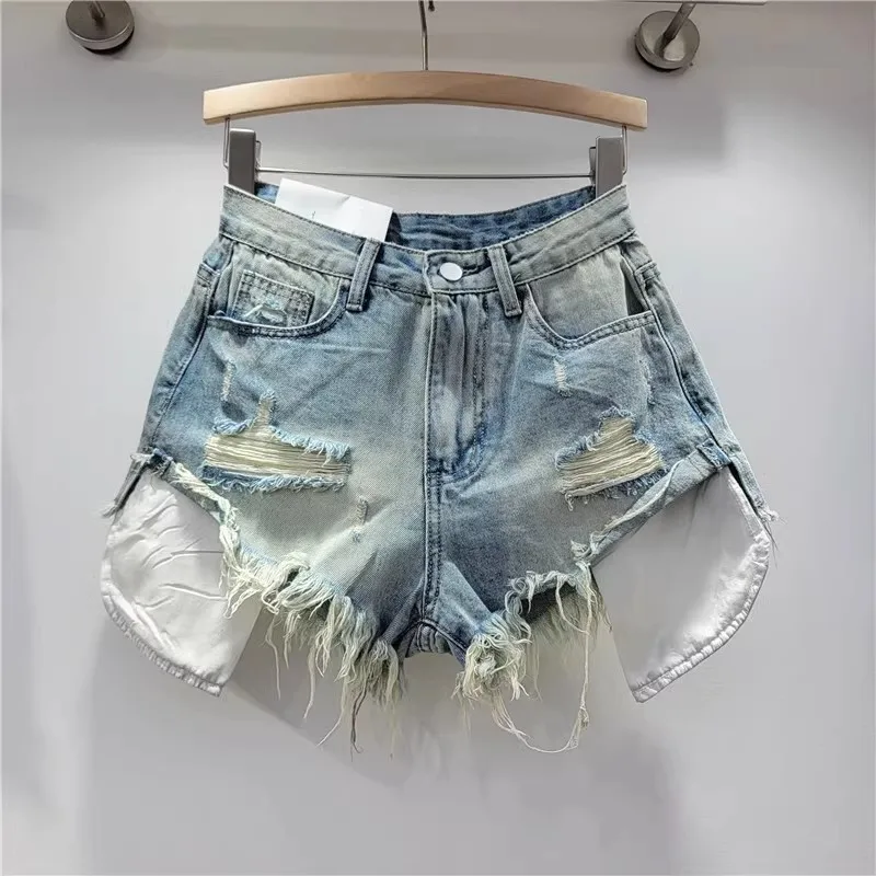 

2024 Spring Summer Sexy fashion Ripped Denim Shorts Women Sweet Pink High Waist Slimming Hot Girl A- Line Shorts