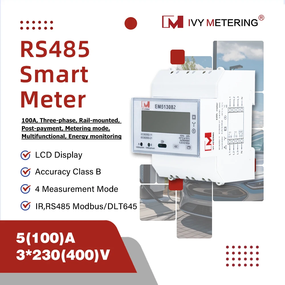 

IVY EM513082 Трехфазный четырехпроводной счетчик энергии RS485 Modbus, DIN-рейка 100 А, сертифицированный MID, двунаправленный кВтч с литиевым актом