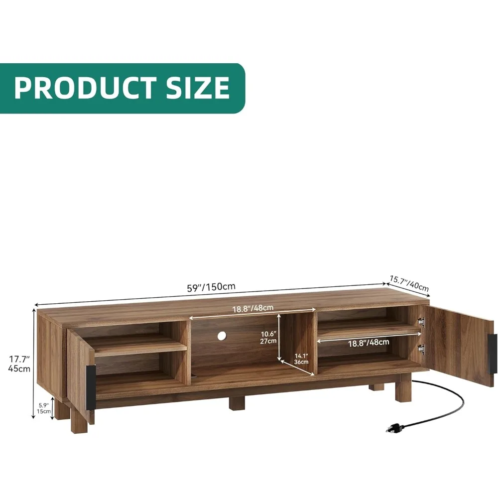 حامل تلفزيون مخدد لأجهزة التلفاز حتى 65 بوصة، مركز ترفيه مع منافذ طاقة ومقصورات تخزين، شركة تلفزيون خشبية طويلة 59 بوصة