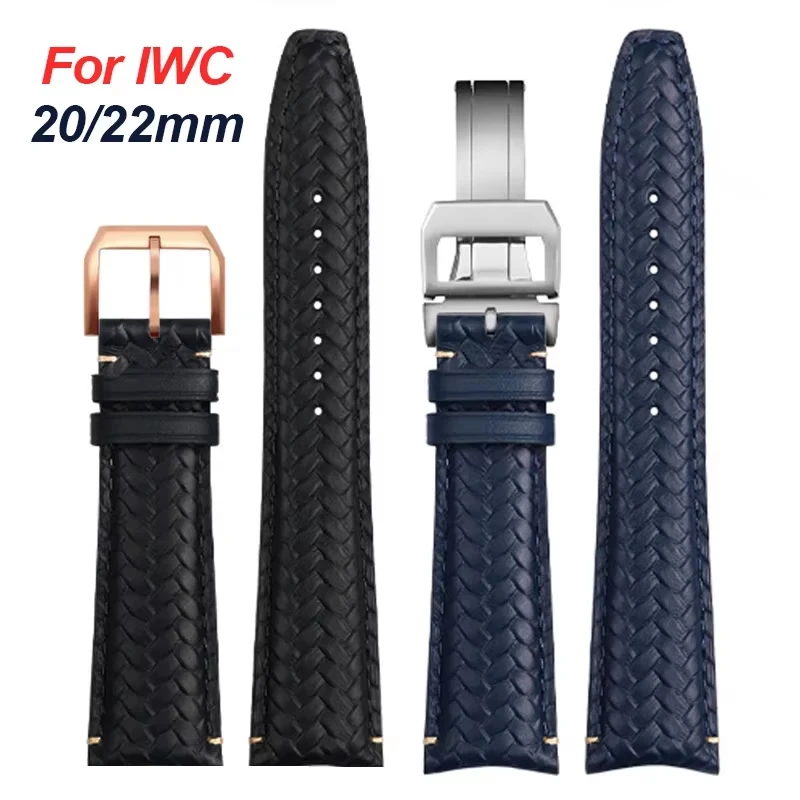 20mm 22mm Cowhide Woven Watchband for IWC Portugieser Pilot Curved Flat End Bracelet for Omega High Quality Genuine Leather Belt