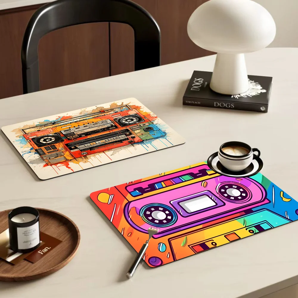 Cassette Music Quick Drying Dish Mat Printed Kitchen Non-slip Coffee Cup Pad Drain Mats Dinnerware Cup Bottle Placemat