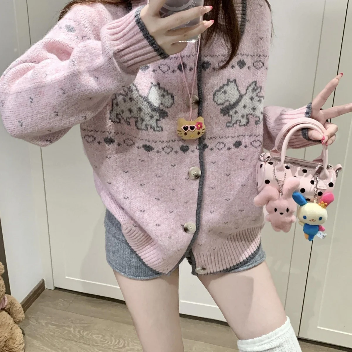 Cute Japanese Y2k Puppy Embroidered Cardigan 2000s Style Turn-down Collar Knitted Outerwears Vintage Harajuku Knitwear Korean