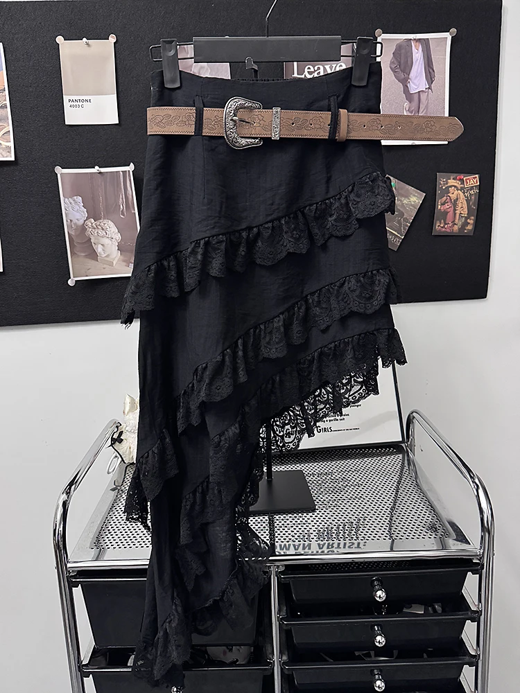 

Черная белая юбка с эластичной резинкой на талии, нерегулярное кружево, многослойная винтажная милая юбка Big Bui Studio Cake, свободная посадка средней длины...