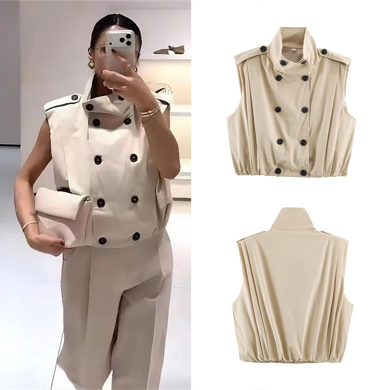 Guobioziy Women's Slim-Fit Pleated Button Vest Jacket 2026 Spring-Autumn New European-American Casual Fashion Motorcycle Street