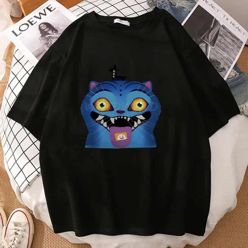 

KPOP Cat Tops&Tees Girls Summer Korean Harajuku Y2K Girl Group Peripheral Printed Casual Sports Top Loose O-neck Top Tee New