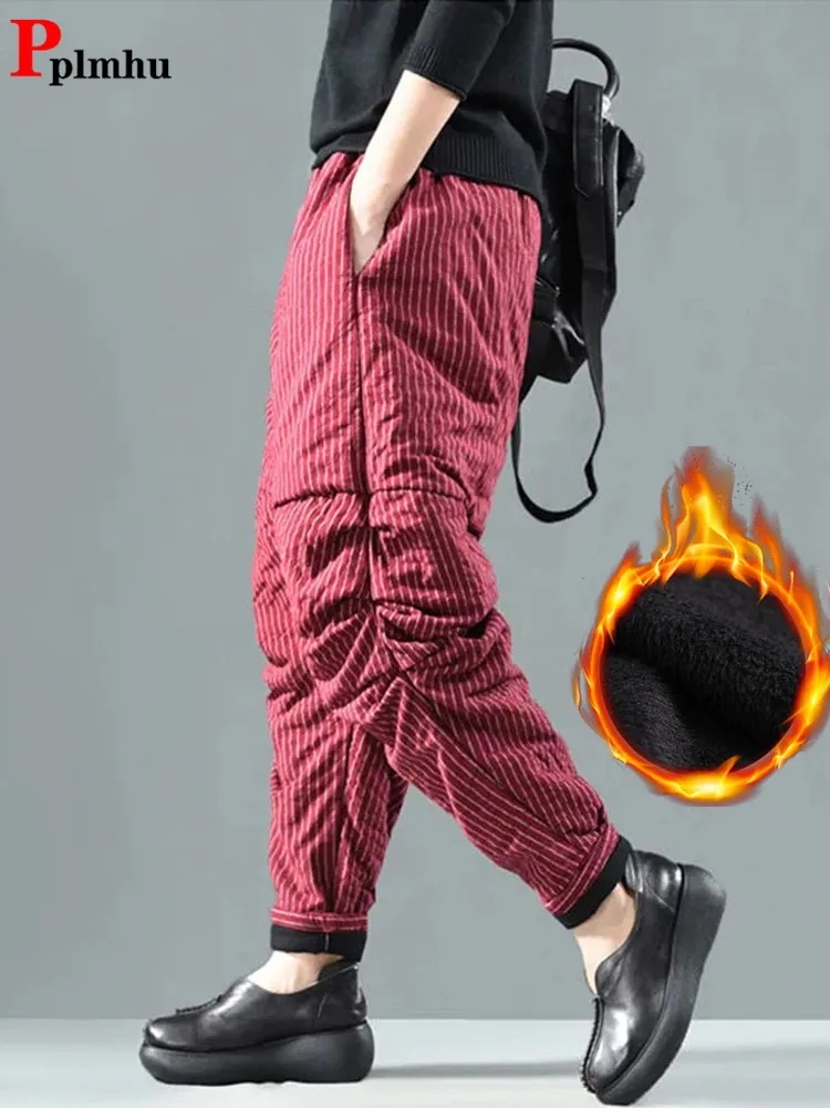 

Winter Striped Quilted Cotton Pant Womens Warm High Waist Harem Pantalones Casual Thicken Baggy Bloomers Sweatpants 2023 Vintage