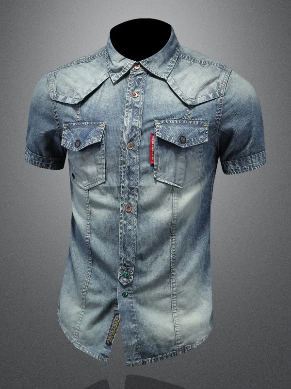 

Новая летняя мужская рубашка Slim Fit из тонкого денима с коротким рукавом, мягкая, удобная, светло-голубая, модная, трендовая