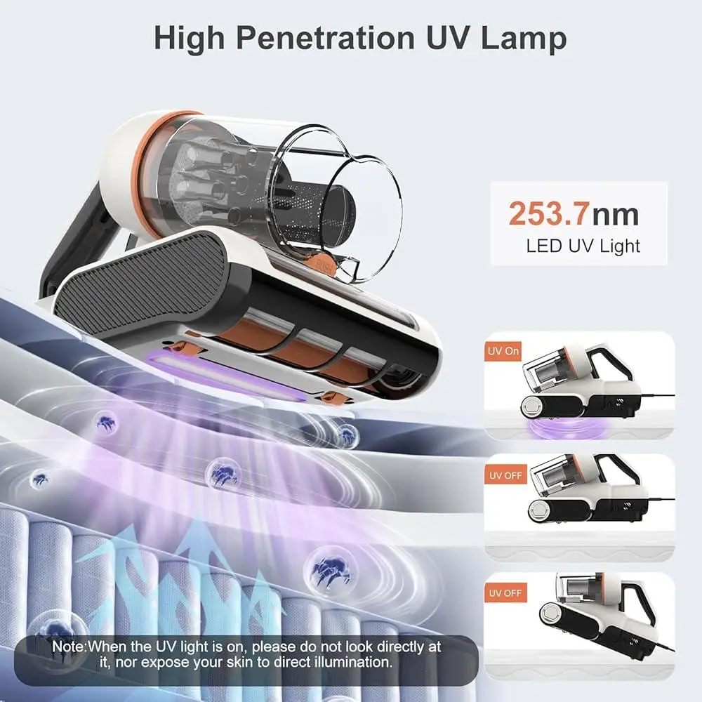 500W Mattress Vacuum Cleaner UV Light 7-16Kpa Strong Suction 6 Stage Filtration System Hot Air Drying Lightweight Cleaner