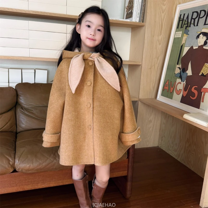 Teen Girl Clothes 2025 Children Wool Double Faced Girls Coat Clothes Kids Herringbone Outerwear Costumes Hooded Cape Handmade