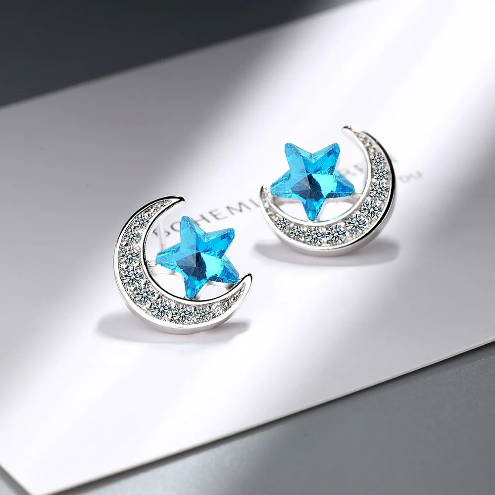 925 Sterling Silver Blue Star Moon Stud Earrings For Women Engagement Wedding Luxury Jewelry Accessories Argent 925 Jewellery